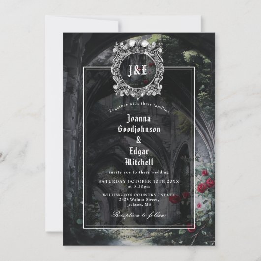 Invitation Monogram Gothic Ruins Roses Floral Wedding (Devant)