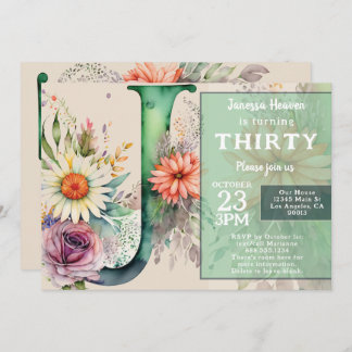 Invitation Monogram J Colorful Watercolor Flowers Birthday