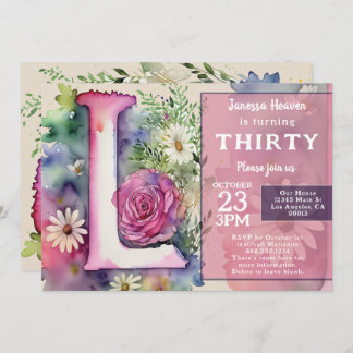 Invitation Monogram L Colorful Watercolor Flowers Birthday