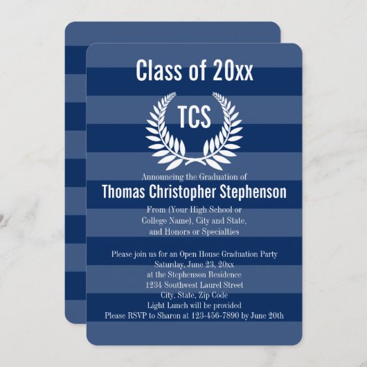 Invitation Monogram Laurel Stripe Blue Graduation Party (Devant / Derrière)