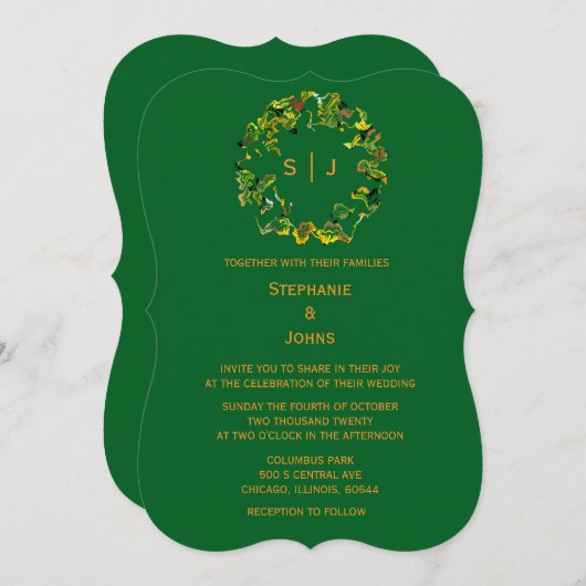 Invitation Monogram Leaf Crest Orange Forest Green Wedding (Devant / Derrière)