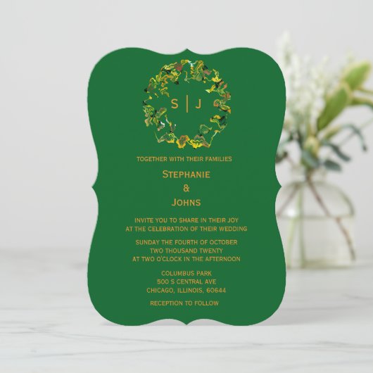 Invitation Monogram Leaf Crest Orange Forest Green Wedding (Debout devant)