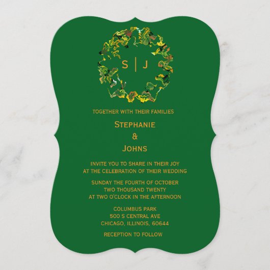 Invitation Monogram Leaf Crest Orange Forest Green Wedding (Devant)