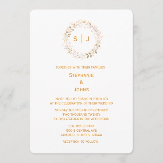 Invitation Monogram Leaf Crest Orange White Classy Wedding (Devant)