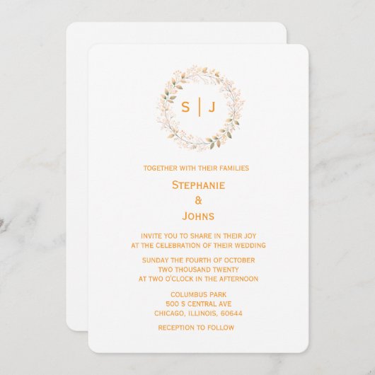 Invitation Monogram Leaf Crest Orange White Classy Wedding (Devant / Derrière)