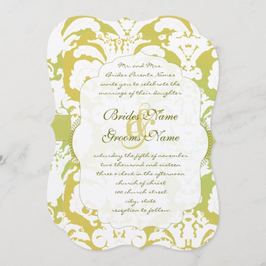 Invitation Monogram Lime Light Gold Mariage damass (Devant / Derrière)