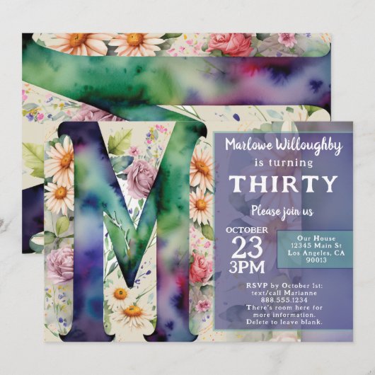 Invitation Monogram M Colorful Watercolor Flowers Birthday (Devant / Derrière)