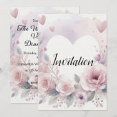 Invitation Monogram name floral hearts romantic watercolor  (Devant / Derrière)