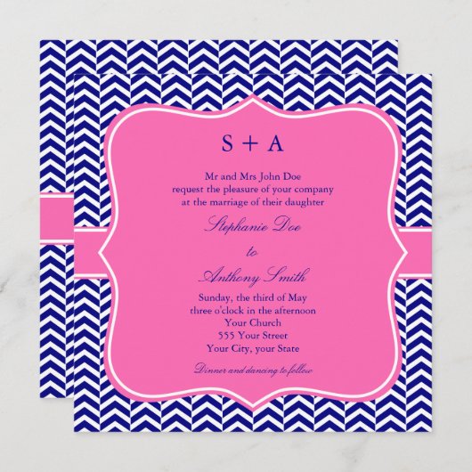 Invitation Monogram Navy Blue avec Mariage Chevron rose chaud (Devant / Derrière)