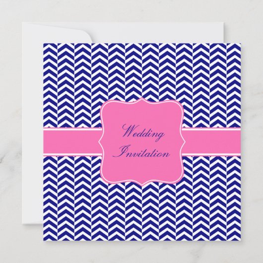 Invitation Monogram Navy Blue avec Mariage Chevron rose chaud (Dos)