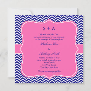 Invitation Monogram Navy Blue avec Mariage Chevron rose chaud