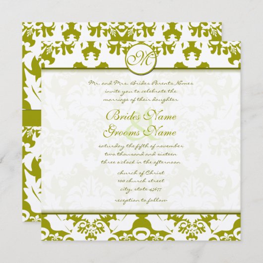 Invitation Monogram Olive Lime Mariage damassé (Devant / Derrière)
