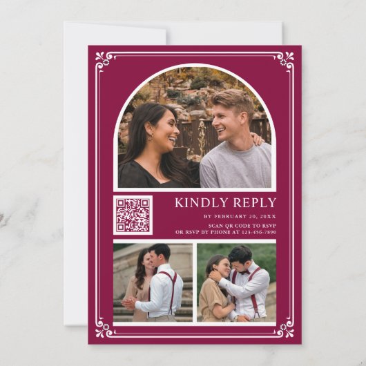 Invitation Monogram QR Code Photo Collage Magenta Wedding (Dos)