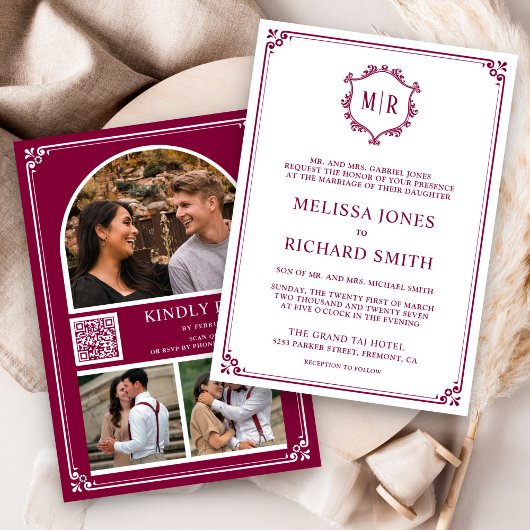 Invitation Monogram QR Code Photo Collage Magenta Wedding