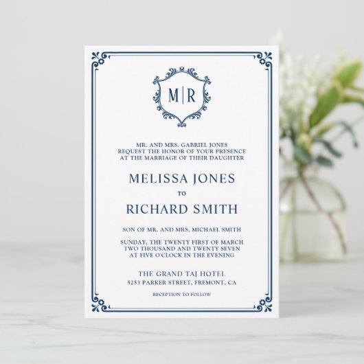 Invitation Monogram QR Code Photo Collage Navy Blue Wedding (Debout devant)