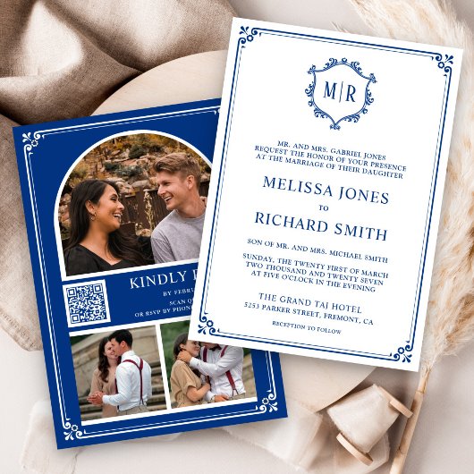 Invitation Monogram QR Code Photo Collage Royal Blue Wedding