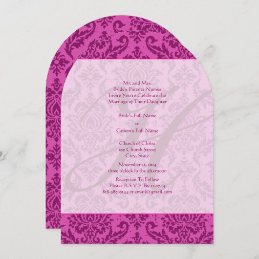 Invitation Monogram Raspberry Pink Mariage damassé (Devant / Derrière)
