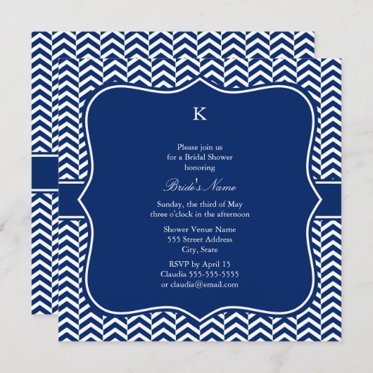 Invitation Monogram Royal Blue Chevron Motif (Devant / Derrière)