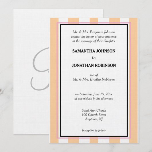 Invitation Monogram Sandy Beach Rose Blanc Rayures de Cabane (Devant / Derrière)