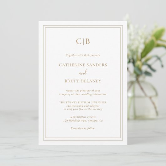 Invitation Monogram Traditional Gold All In One Wedding (Debout devant)