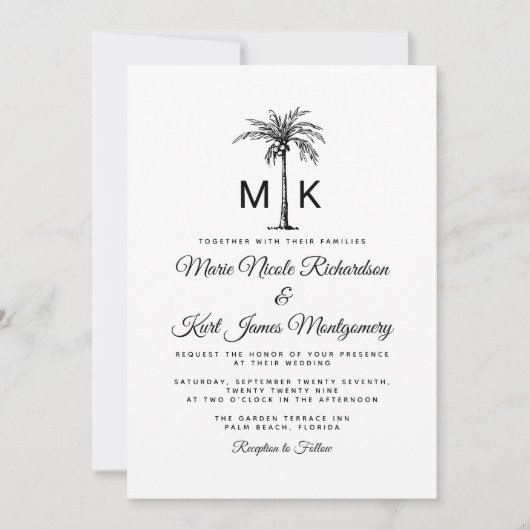 Invitation Monogram Tropical Palm Tree Formal Beach Wedding (Devant)