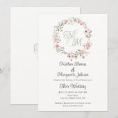 Invitation Monogram Watercolor Floral Wreath Wedding (Devant / Derrière)