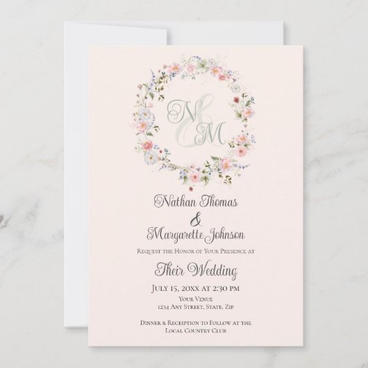 Invitation Monogram Watercolor Floral Wreath Wedding (Devant)