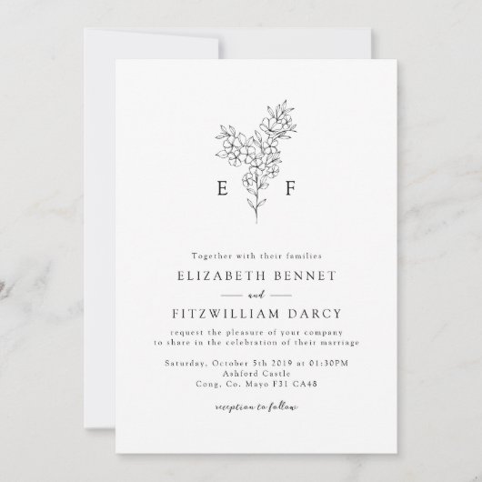 Invitation Monogramme à fleurs de cerisier minimes à main sim (Devant)