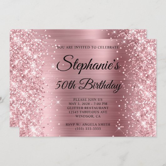 Invitation Monogramme à huile rose pâle Glittery 50e annivers (Devant / Derrière)