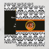 Invitation MONOGRAMME AGATE ORANGE DAMAS, noir et blanc (Devant / Derrière)