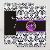 Invitation MONOGRAMME AMÉTHYSTE VIOLET DAMAS, noir et or (Devant / Derrière)