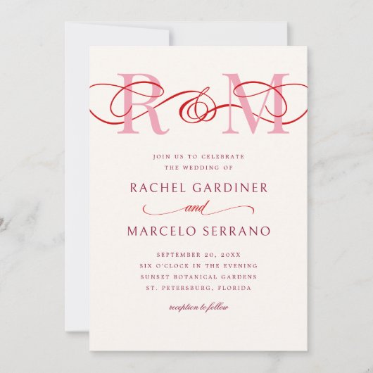 Invitation Monogramme Ampersand rouge rose QR Code Mariage (Devant)