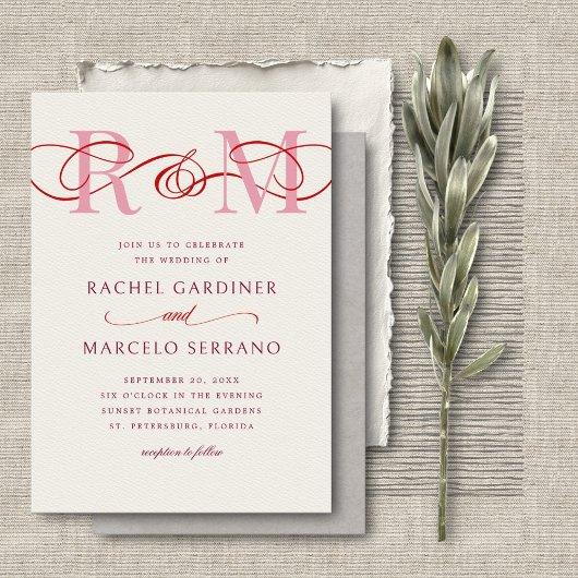 Invitation Monogramme Ampersand rouge rose QR Code Mariage