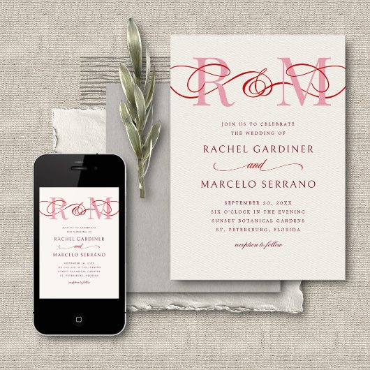Invitation Monogramme Ampersand rouge rose QR Code Mariage