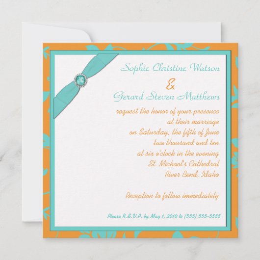 Invitation monogramme Aqua et Tangerine Carré (Devant)