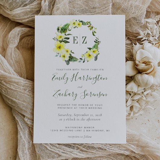 Invitation Monogramme Aquarelle Jaune Floral Mariage