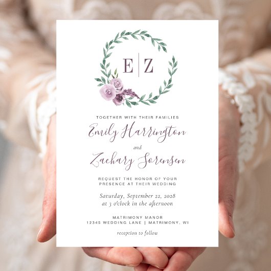Invitation Monogramme Aquarelle Purple Floral Mariage