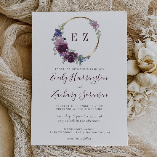 Invitation Monogramme Aquarelle Purple Floral Mariage