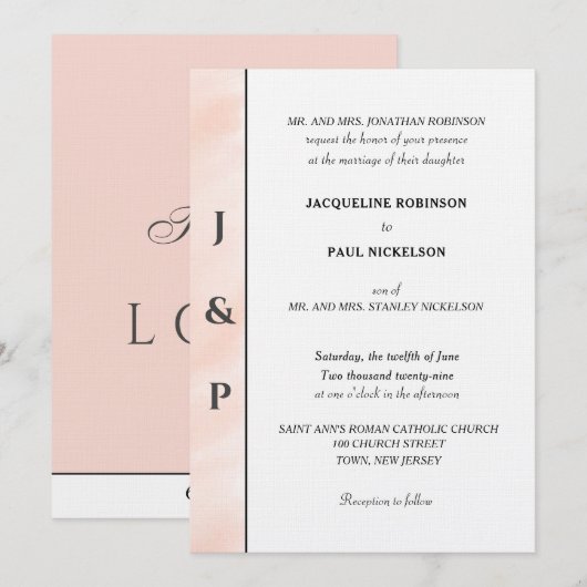 Invitation Monogramme aquarelle rose minimaliste  (Devant / Derrière)