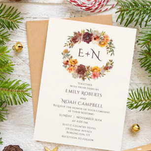 Invitation Monogramme Automne Plum Rustique Orange Floral Mar