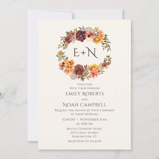 Invitation Monogramme Automne Plum Rustique Orange Floral Mar (Devant)