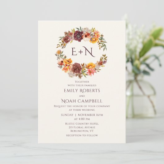 Invitation Monogramme Automne Plum Rustique Orange Floral Mar (Debout devant)