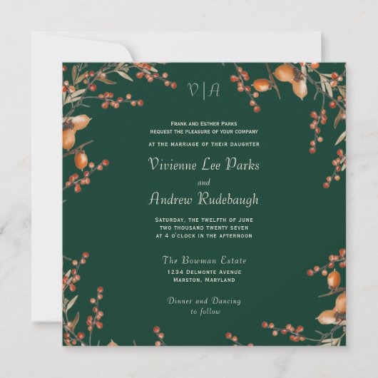 Invitation Monogramme Autumn Acorn Mariage À feuillage persis (Devant)