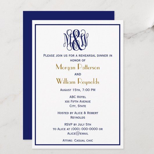 Invitation Monogramme B&G Navy écriture Vine Mariage DIY BG R