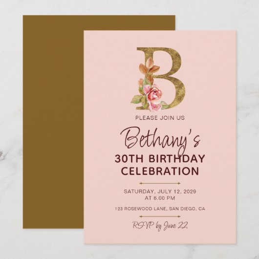 Invitation Monogramme B orné de roses roses blush (Devant / Derrière)