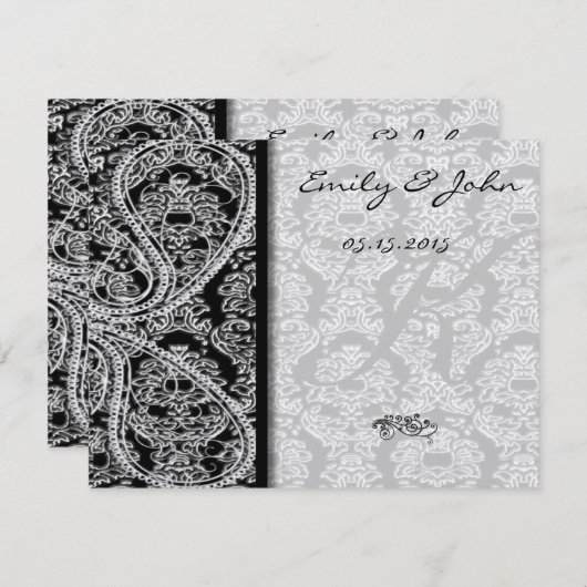 Invitation Monogramme Black Mariage damassé Numéro de tableau (Devant / Derrière)