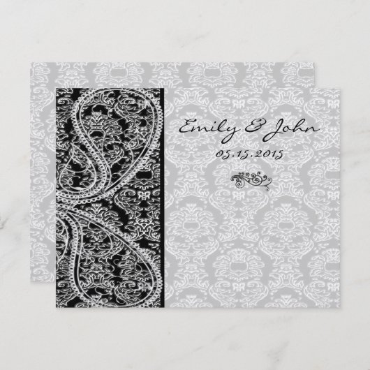 Invitation Monogramme Black Mariage damassé Numéro de tableau (Devant / Derrière)