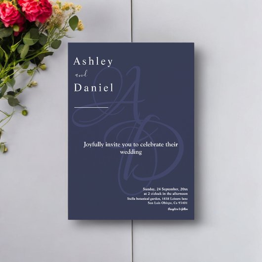 Invitation Monogramme blanc bleu marine minimal Mariage éléga