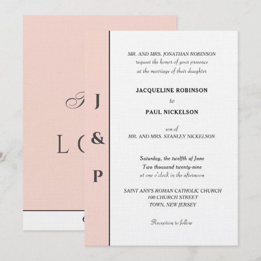 Invitation Monogramme blanc blush minimaliste (Devant / Derrière)