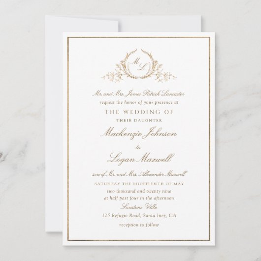 Invitation Monogramme Blanc et or Formal Mariage élégant (Devant)